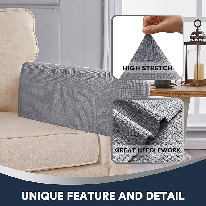 Spandex Jacquard Arm Covers for Chairs and Sofas - Anti-Slip Couch Armrest Protectors, Set of 2, Light Grey