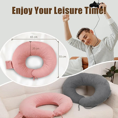XWZO Reading Pillow for Gaming, Crocheting or Playing with Strong Arm Support, Gaming Pillow for Arm Rest When Sitting in Bed & Sofa, Lap Pillow Swen with Tiebacks and Side Pocket, Pink