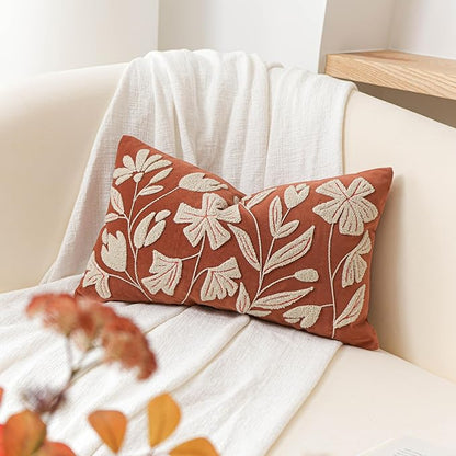 BlissBlush Fall Throw Pillow Cover 12x20, Rust Brick Red Soft Velvet Floral Decorative Lumbar Accent Throw Pillowcase,Textured Farmhouse Pillowcase for Couch Sofa Living Room Home Décor