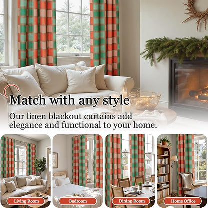 Christmas Curtains for Living Room 84 Inches Long - Plaid Patterned Linen Blackout Curtains, Gingham Printed Drapes for Bedroom Winter Decor Thermal Insulated 52x84 Inch 2 Panels, Red Green