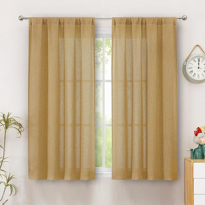 Simplebrand Gold Semi Sheer Faux Linen Textured Curtains 54 Inch Length 2 Panels Set, Rod Pocket Farmhouse Short Curtain Drapes for Dinning Small Windows Bathroom Bedroom, Each 40Wx54L in, Gold