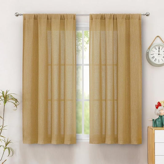 Simplebrand Gold Semi Sheer Faux Linen Textured Curtains 54 Inch Length 2 Panels Set, Rod Pocket Farmhouse Short Curtain Drapes for Dinning Small Windows Bathroom Bedroom, Each 40Wx54L in, Gold