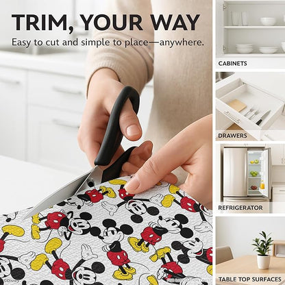 Disney Non Adhesive Shelf Liner – 18”x 10 ft Water-Resistant Drawer Liners for Kitchen Cabinets, Pantry, Fridge & Dressers – Easy Cut Cabinet Liner Roll- Mickey Mouse, Stitch & Winnie The Pooh