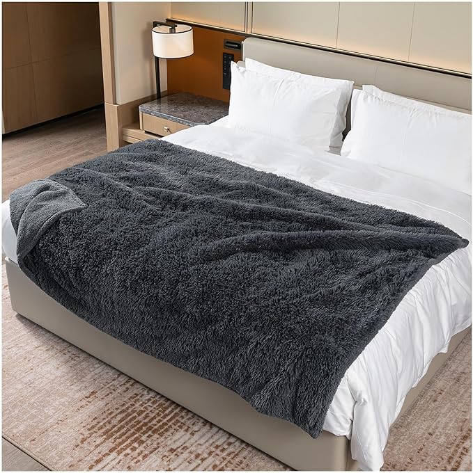 Calming Cat Blanket for Bed Couch Sofa Cover Grey Waterproof Dog Blankets for Large Dogs Washable Long Faux Fur Pet Throw Blanket for Puppy Reversible Furniture Protector, (Gray XL-85x57in)