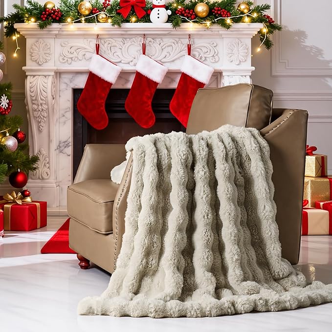 Lotus Karen Faux Fur Throw Blanket Linen - 800 GSM Bubble Rabbit Fluff Blanket for Couch Bed Sofa,Softest Fluffy Fuzzy Cozy Blanket,Thick Furry Plush Shaggy Warm Blankets for Women,108x90 Inches