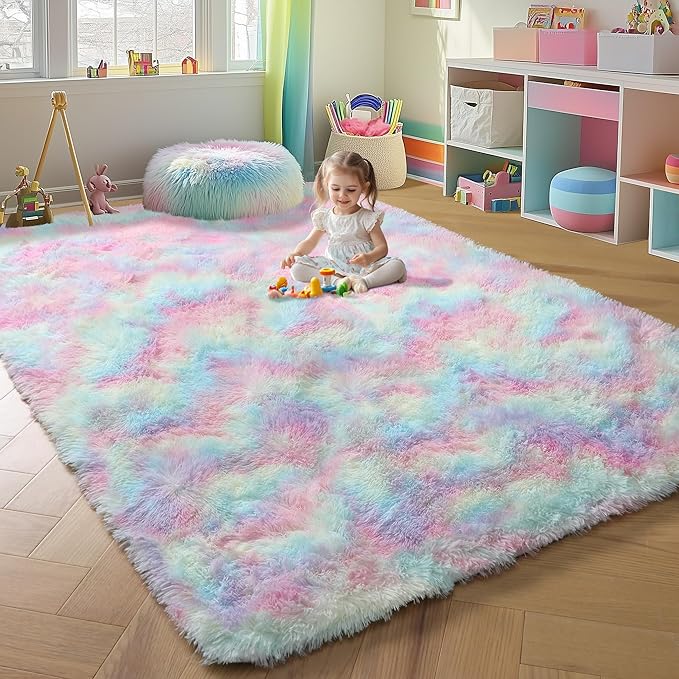 ONASAR Rainbow Area Rugs for Living Room Girls Bedroom, 5x8 Fluffy Rug, Washable Indoor Ultra Soft Plush Shaggy Large Floor Carpets for Nursery Kids Baby Girl Teen Dorm Playroom Home Decor Aesthetic