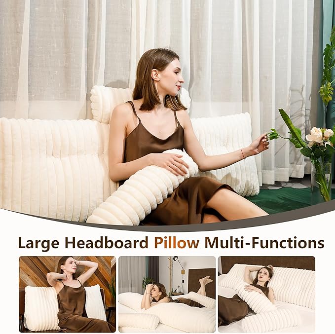 Faux Fur Headboard Pillow Twin Size, Triangular Wedge Backrest with Removable Head Roll & Side Pocket, 100% Linen Reading Pillow for Bed, Couch, Floor - Ergonomic Support for Neck, Back, Ivory