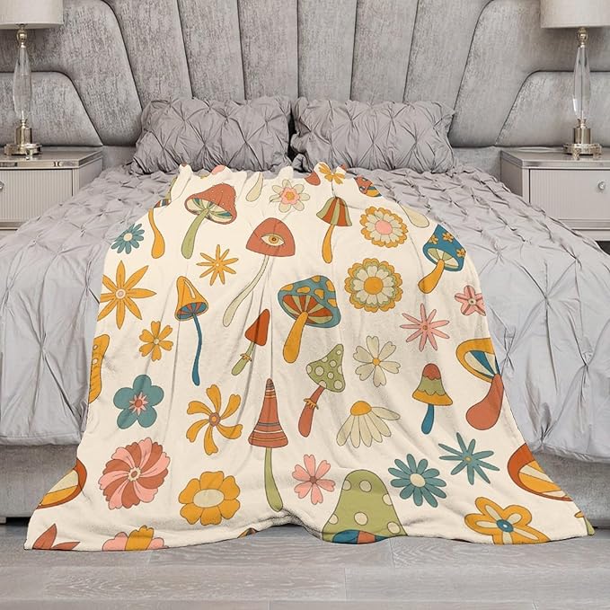 70s Mushroom Throw Blanket, Retro 60s Groovy Mushroom Boho Hippie Flowers Print Blanket for Kids Baby Bedroom Sofa Holiday Decor 40"x50"
