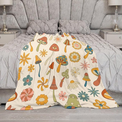 70s Mushroom Throw Blanket, Retro 60s Groovy Mushroom Boho Hippie Flowers Print Blanket for Kids Baby Bedroom Sofa Holiday Decor 40"x50"