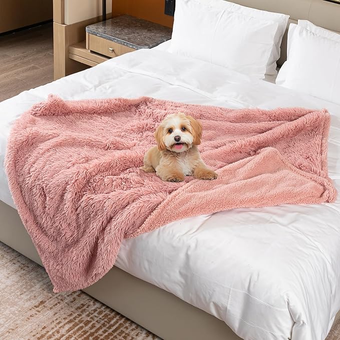 Waterproof Dog Blanket Pink Fluffy Long Faux Fur Pet Throw Blankets for Cats Cozy Warm Couch Mat for Puppy Love Bed Cover Washable(Pink,XL)