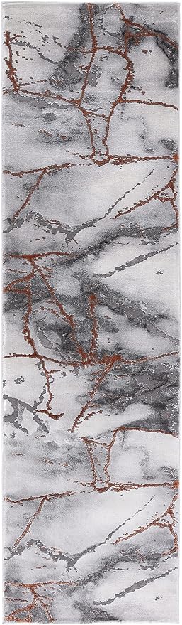 SAFAVIEH Craft Collection Runner Rug - 2'3" x 16', Grey & Orange, Modern Abstract Marble Pattern Design, Non-Shedding & Easy Care, Ideal for High Traffic Areas in Living Room, Bedroom (CFT877P)