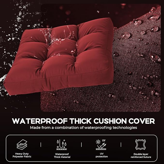 Waterproof Outdoor Chair Cushions Set of 2, Patio Cushions for Outdoor Furniture Water-Resistant & Fade-Resistant, Deep Seat & Back Cushion for Chair Sofa, 22x22 Inch (Red)