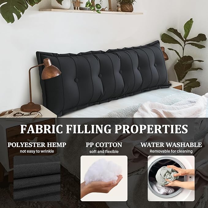 Large Bolster Reading Pillow Queen Backrest Positioning Support Pillow Daybed Cushion Headboard Pillows for Bed Bunk Sofa with Removable Cover, Black, 59x3x20 Inch