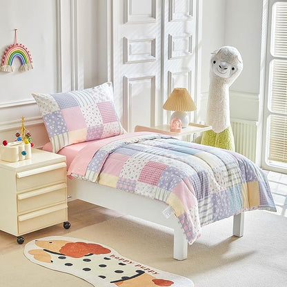 Joyreap 4 Piece Cotton Toddler Bedding Set- Colorful Flowers Patchwork Design, Toddler Comforter Set for Girls, Includes Quilted Comforter, Fitted Sheet, Top Sheet, and Pillow Case