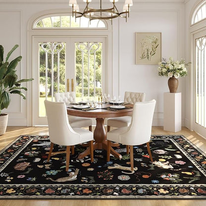 Rugcomf Area Rugs 9x12 Living Room Clearance Washable Boho Rug Non Slip Floral Animal Cat Vintage Low Pile Large Rug for Living Room Bedroom Farmhouse Dining Room Kids Playroom, Black