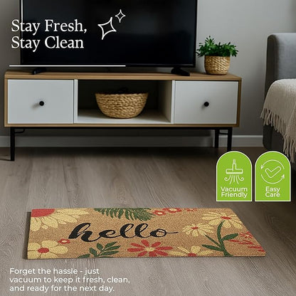 Coir Door Mats 17" X 30", Non-Slip Sturdy, PVC Backed Heavy Duty, Easy to Clean, Ideal for Door Entrance, Patio, Porch, Backyard, Garages, Vibrance of Flora - Hello