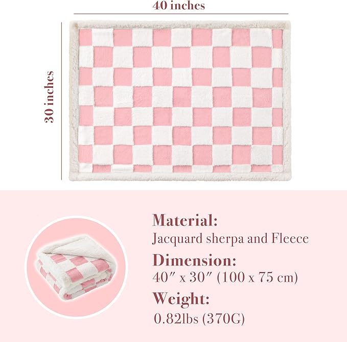 Checkered Dog Blanket, Pink Jacquard Sherpa Blankets for Small Dog and Cats, Cute Girly Women Aesthetic Style Fluffy Fleece Pets Blanket for Couch Protection Washable, 30"x40"