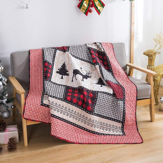 Soul & Lane Deer in The Pines 50" x 60" Lightweight Buffalo Plaid Blanket: Christmas Rustic Bedding Quilted Throw, Check Black and Red Quilt, Holiday Outdoor Coverlet, Lodge Winter Lap Comforter