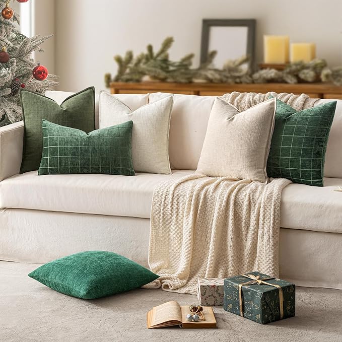 MIULEE Christmas Decorative Pillow Covers 18x18, 2 Pack Boho Farmhouse Neutral Throw Pillows for Couch, Thick Textured Modern Linen Cushion Cases Sofa Bed Living Room Home Decor, Dark Green