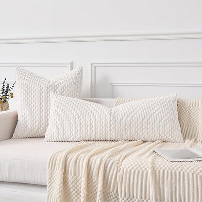 Kevin Textile 12x20 Inch Pillow Cover 1 Pack Boho Christmas Decorative Soft Striped Corduroy Lumbar Farmhouse Color Accent Rectangle Cushion Case for Living Room Couch Sofa Bed, Pure White