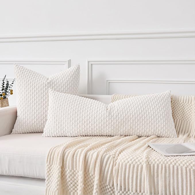 Kevin Textile 14x24 Inch Pillow Cover 1 Pack Boho Christmas Decorative Soft Striped Corduroy Lumbar Farmhouse Color Accent Rectangle Cushion Case for Living Room Couch Sofa Bed, Pure White