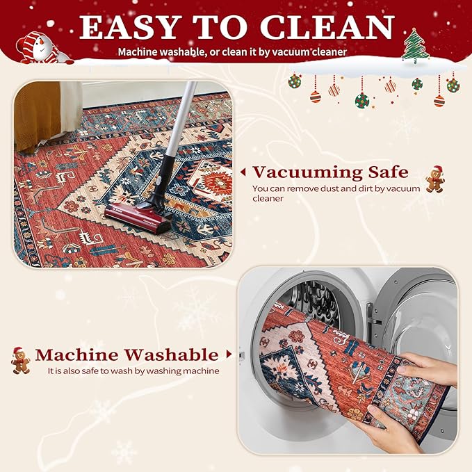 SERISSA 10x14 Area Rugs for Living Room, Large Washable Non-Slip Boho Rug, Ultra Soft Vintage Rust Oriental Tribal Print Distressed Carpet for Dining Room Bedroom Office Home Decor