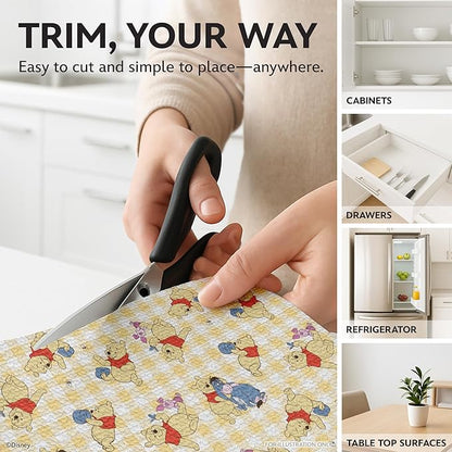 Disney Non Adhesive Shelf Liner – 18”x 10 ft Water-Resistant Drawer Liners for Kitchen Cabinets, Pantry, Fridge & Dressers – Easy Cut Cabinet Liner Roll- Mickey Mouse, Stitch & Winnie The Pooh