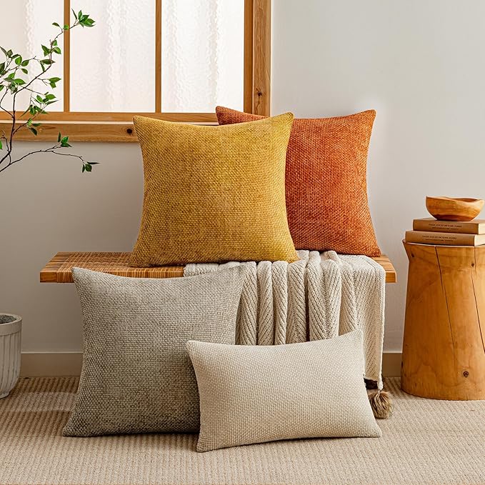 a moment Fall Mustard Yellow Chenille Throw Pillow Covers 22x22 Inch Pack of 2 Modern Decorative Throw Pillow Covers Farmhouse Cross Covers Home Decor for Sofa Bedroom Living Room