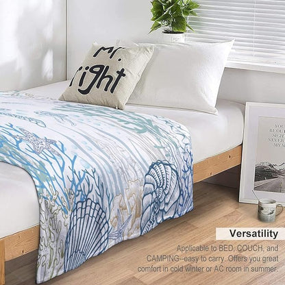 Nautical Turtle Throw Blanket, Coastal Sea Ocean Theme Coral Starfish Seashell Jellyfish Undersea Life Fleece Blanket for Summer Home Bed Sofa Couch Chair, 40"x50"