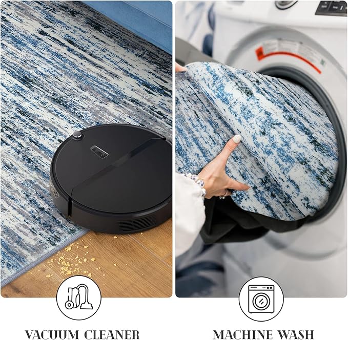 Modern Abstract Runner Rug 2x5, Grey Blue White Washable Entryway Kitchen Runner Non-Slip Soft Hallway Rug Runner Thin Print Faux Wool Carpet for Bedroom Laundry Room Indoor