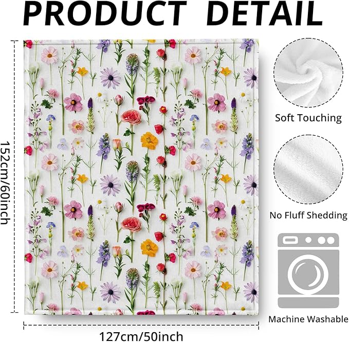 Floral Blanket, Cottagecore Colorful Wildflower Flower Throw Blankets for Home Bedroom Living Room Couch Bed Decor, Floral Throw Blanket, 50x60 Inch