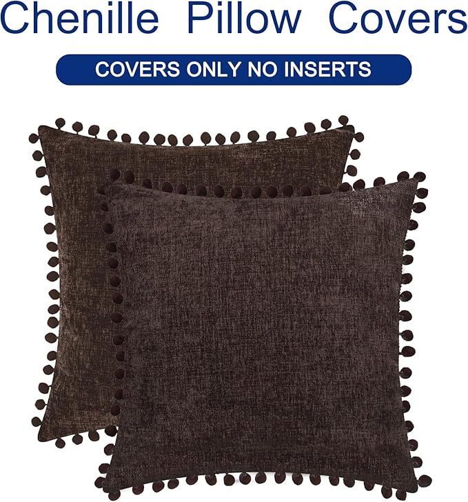 CaliTime Throw Pillow Covers Decorative 22 X 22 Inches Pack of 2 Cozy Solid Dyed Soft Chenille Cushion Cases with Pom Poms for Couch Sofa Bed Living Room Home Coffee