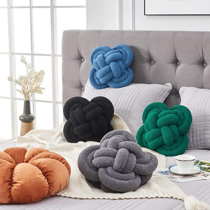 Xiashrk Knot Pillow Ball, 12" Soft Decorative Throw Pillows for Couch Bed, Dark Green Knotted Plush Throw Pillow Handmade Square Cushion Home Couch Decor Pillows for Living Room