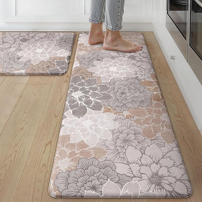 GENIMO Kitchen Mats for Floor, Kitchen Rugs Non Slip Washable Sets of 2, Waterproof Cushioned Anti Fatigue Mat, Floral Runner Rug for Laundry, Sink, Office, Home, 17.3"x59"+17.3"x30", Taupe Grey