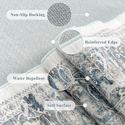 LIVEBOX Washable Area Rug 8x10 - Large Blue Vintage Tribal Living Room Rug Oriental for Bedroom, Non-Slip Retro Medallion Carpet Print Distressed for Dining Room Guest Office