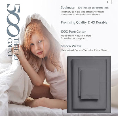 Mayfair Linen 100% Cotton Bed Sheets Twin Sheet Set - 500 Thread Count Sheets Twin Size 3 PC Set (Dark Grey), Soft, Cooling, Hotel-Quality 16" Deep Pocket Sateen Weave Cotton Bedsheet for Dorm Room