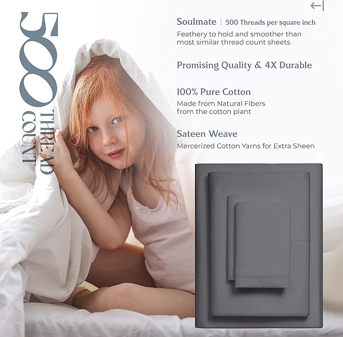 Mayfair Linen 100% Cotton Split King Sheets Sets for Adjustable Bed - 500 Thread Count Sleep Number Sheets Split Top King Size, 5 PC Set (Dark Grey), Soft, Cooling, 16" Deep Pocket Sateen Bedsheet