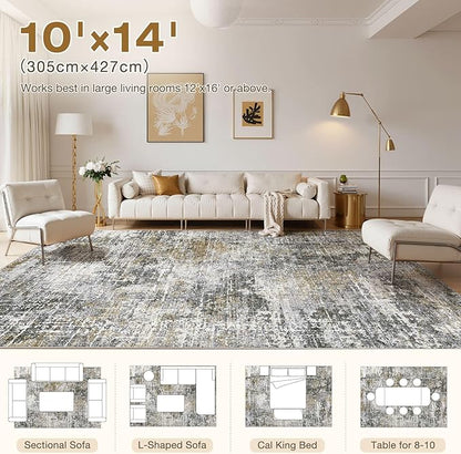 Abstract Living Room Rug 10x14 - Modern Washable Soft Thin Area Rug for Living Room Bedroom Under Dining Table - Neutral Indoor Floor Rug Carpets for Home Office Playroom Nursery - Black Gold