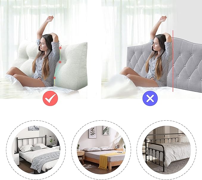 Wedge Headboard Pillow Dorm Room Reading Pillow Back Support for Sitting Up in Bed Bolster Lumbar Cushion Body Positioning Bedrest Cotton Linen 54in Grey-Beige Full