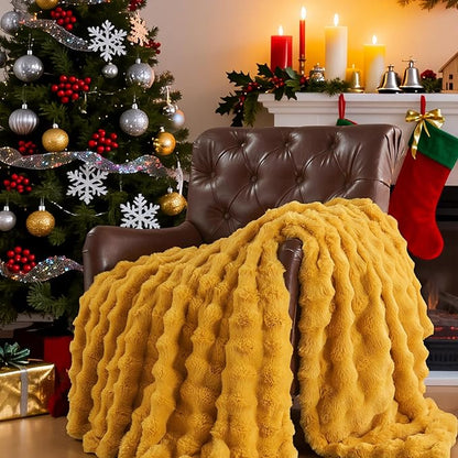 Lotus Karen Faux Fur Throw Blanket Ginger Yellow - Big Bubble Rabbit Fluff Blanket for Couch Bed Sofa,Softest Fluffy Fuzzy Cozy Blanket,Thick Furry Plush Shaggy Warm Blankets for Women,108x90 Inches