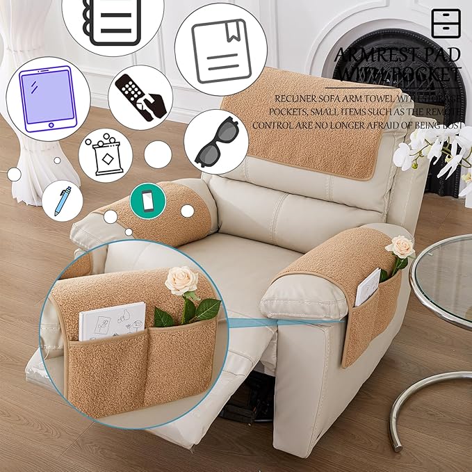 Armrest Cover, Recliner Chair Protector, Furniture Protector Slip, Side Storage Pocket, Stretch Armchair Couch Arm Rest Cover for Recliner, Chair, Sofa (Camel,2 Seater(4pcs))