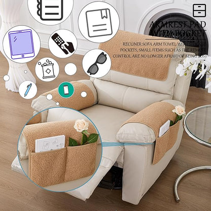 Armrest Cover, Recliner Chair Protector, Furniture Protector Slip, Side Storage Pocket, Stretch Armchair Couch Arm Rest Cover for Recliner, Chair, Sofa (Camel,1 Seater(3pcs))