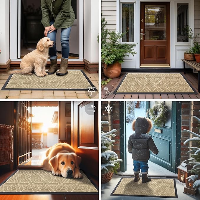 Smiry Front Door Mat Outside Entrance, Heavy Duty Sturdy Natural Rubber Doormat, Trap Dirt and Moisture, Easy Clean Low Profile Mats for Indoor Outdoor Entry, Grid Geometric (59x24, Beige)