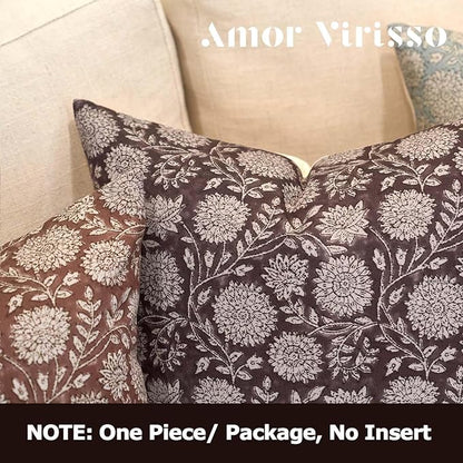 Amor Virisso Floral Pillow Covers 18x18 Throw Pillow Covers Vintage Block Print Pillow Cover Neutral Couch Pillows for Living Room Farmhouse Decorative Accent Sofa Pillows, Dark Brown