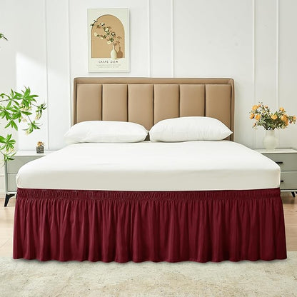 Biscaynebay Wrap Around Bed Skirts for King & Cal King Beds 22" Drop, Burgundy Adjustable Elastic Dust Ruffles Easy Fit Wrinkle & Fade Resistant Silky Luxurious Fabric Solid Machine Washable