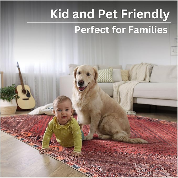Bloom Rugs Washable Non-Slip 5' x 7' Rug - Red/Multicolor Traditional Bordered Area Rug for Living Room, Bedroom, Dining Room, and Kitchen - Exact Size: 5' x 7'