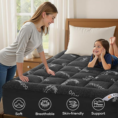 OLANLY Full Mattress Topper – Viscose Made from Bamboo, Cooling Soft Full Pillow Top Mattress Pad for Back Pain Relief, Plush Down Alternative Fill Bed Topper with Elastic Deep Pocket, Dark Gray