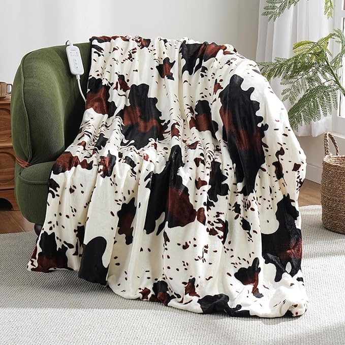 Cow Print Heated Electric Blanket Soft Western 60" x 50" Heating Blanket Cozy Throw Fast Heating 1-10H Auto-Off 8 Heat Level Over-Heat Protection Double Sided Cow Printing