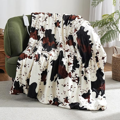 Cow Print Heated Electric Blanket Soft Western 60" x 50" Heating Blanket Cozy Throw Fast Heating 1-10H Auto-Off 8 Heat Level Over-Heat Protection Double Sided Cow Printing