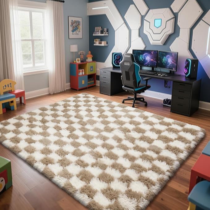 Checkered Rug for Living Room, 9x12 Beige and White Area Rugs, Classic Checkered Carpets Shaggy Area Rug, Bedside Rugs for Living Room Bedroom Kids Room Home Decor